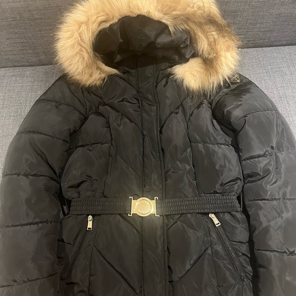 Guess Black Puffer Coat with Faux Fur Trim